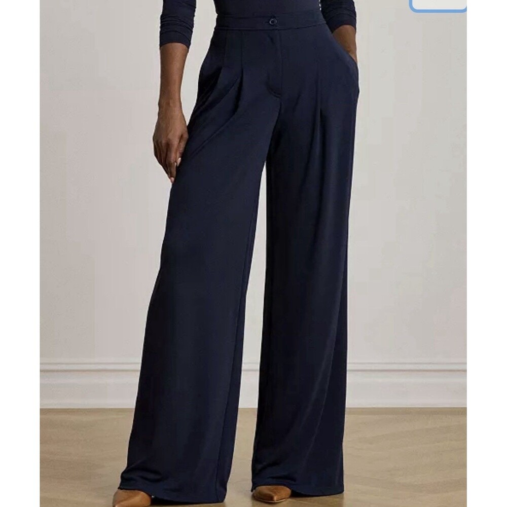 Lauren Ralph Lauren Women’s Navy Pleated Stretch Jersey Wide Leg Pants Sz 4 P
